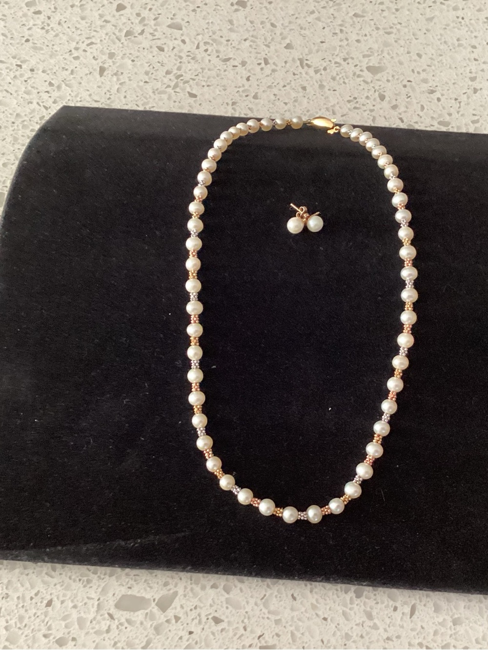 Classic Pearl Necklace and Stud Earring Set in tri Color gold beads
